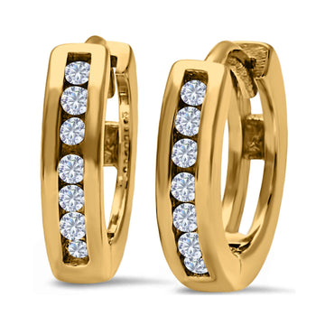 Half Eternity Hoop Earrings Round Yellow Tone, Simulated CZ 925 Sterling Silver (11mm)